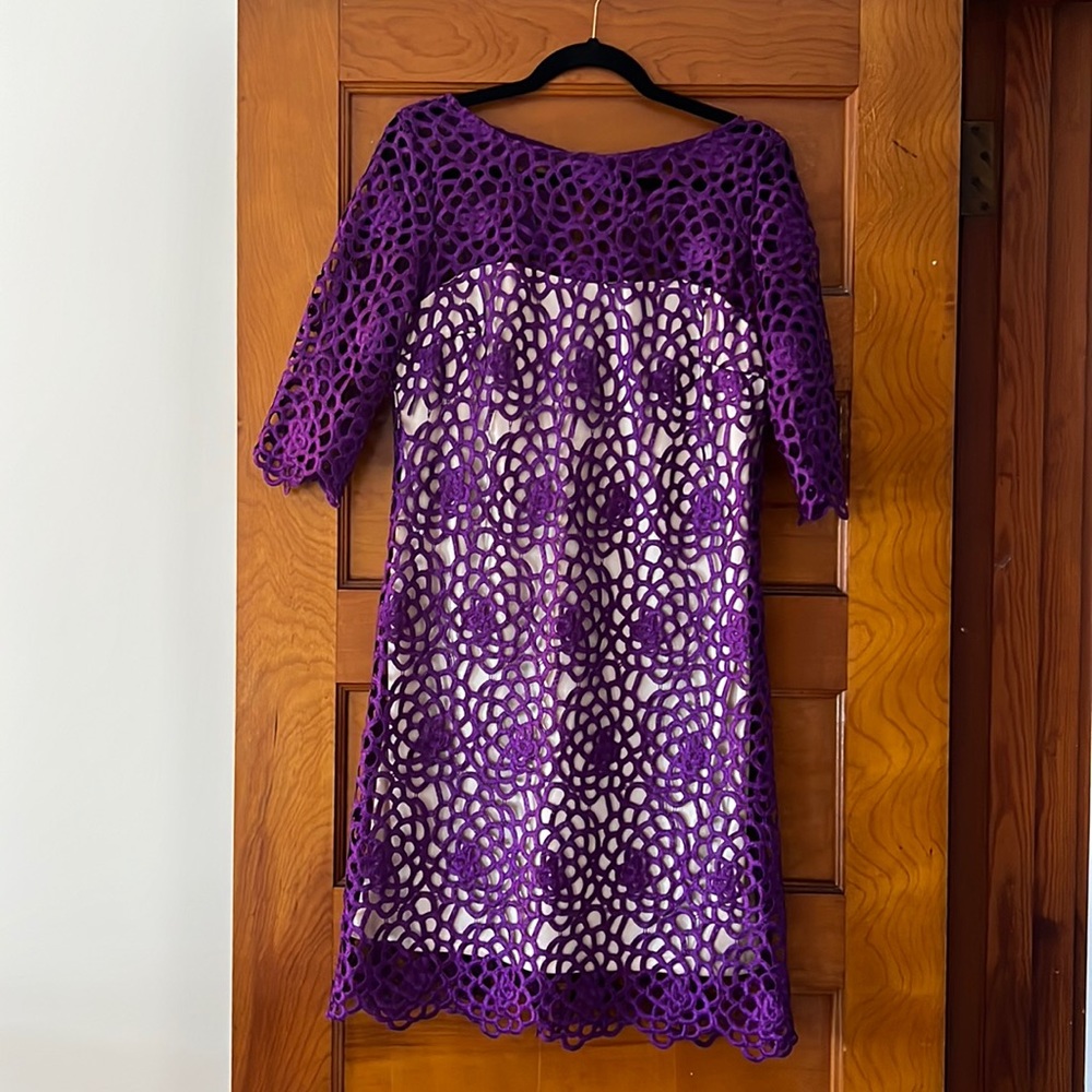 Purple floral embroidered over nude dress